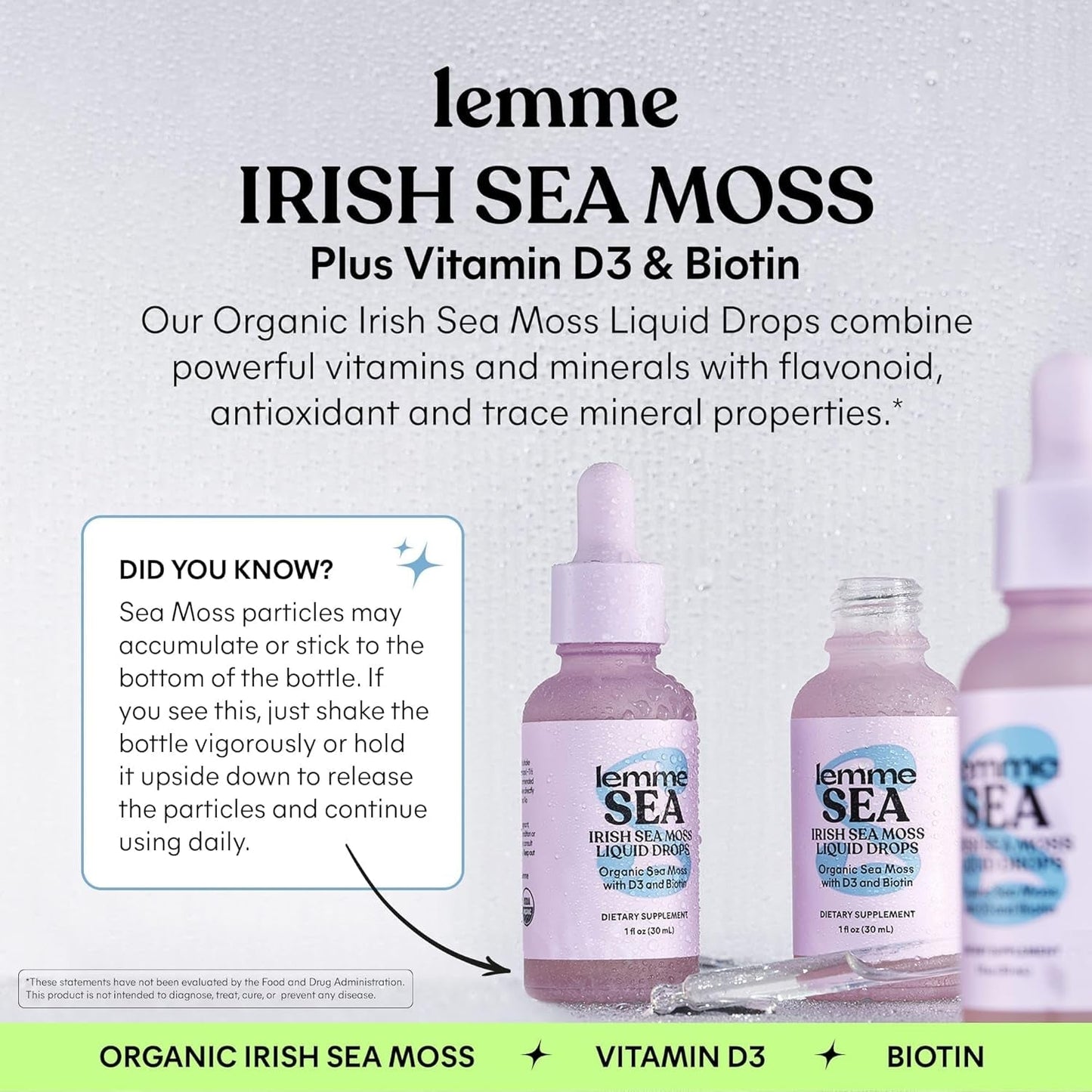 Lemme Irish Sea Moss Organic Liquid Drops with Vitamin D3 and Biotin for Trace Mineral Support, Immunity, Hair, Skin & Nails, Brain Health - 30 Servings