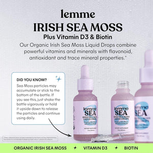 Lemme Irish Sea Moss Organic Liquid Drops with Vitamin D3 and Biotin for Trace Mineral Support, Immunity, Hair, Skin & Nails, Brain Health - 30 Servings