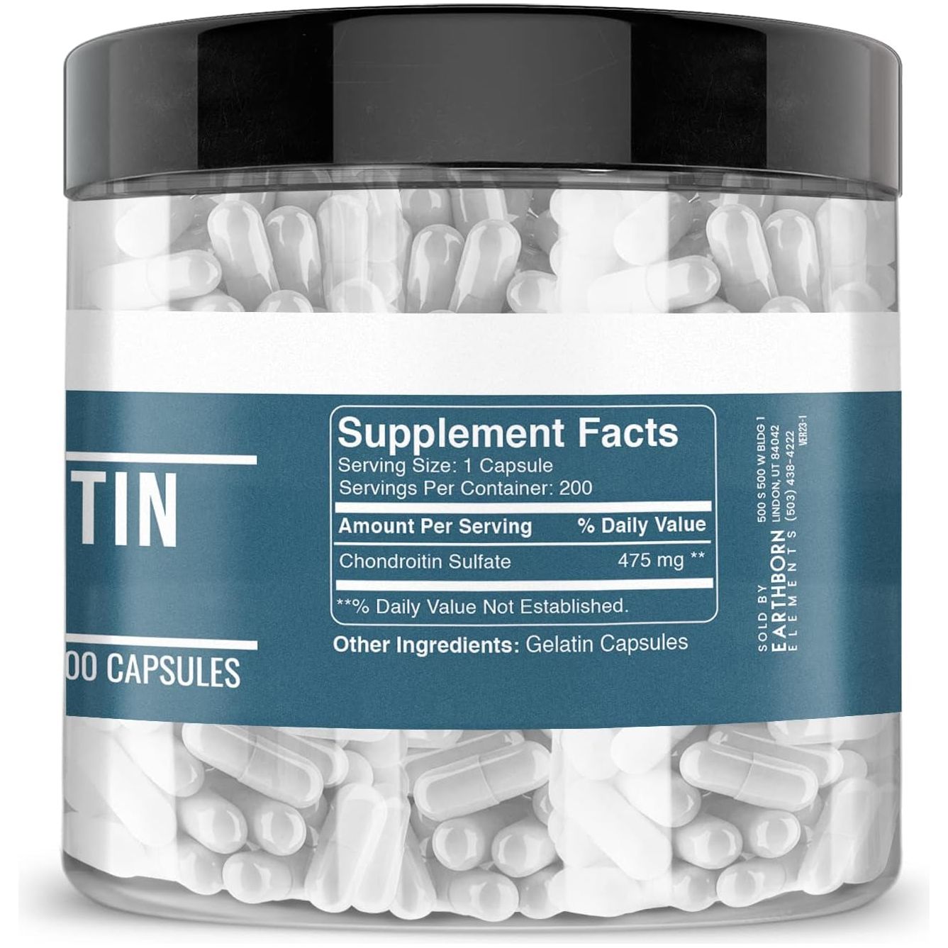 Earthborn Elements Chondroitin Sulfate 200 Capsules, Pure & Undiluted, No Additives