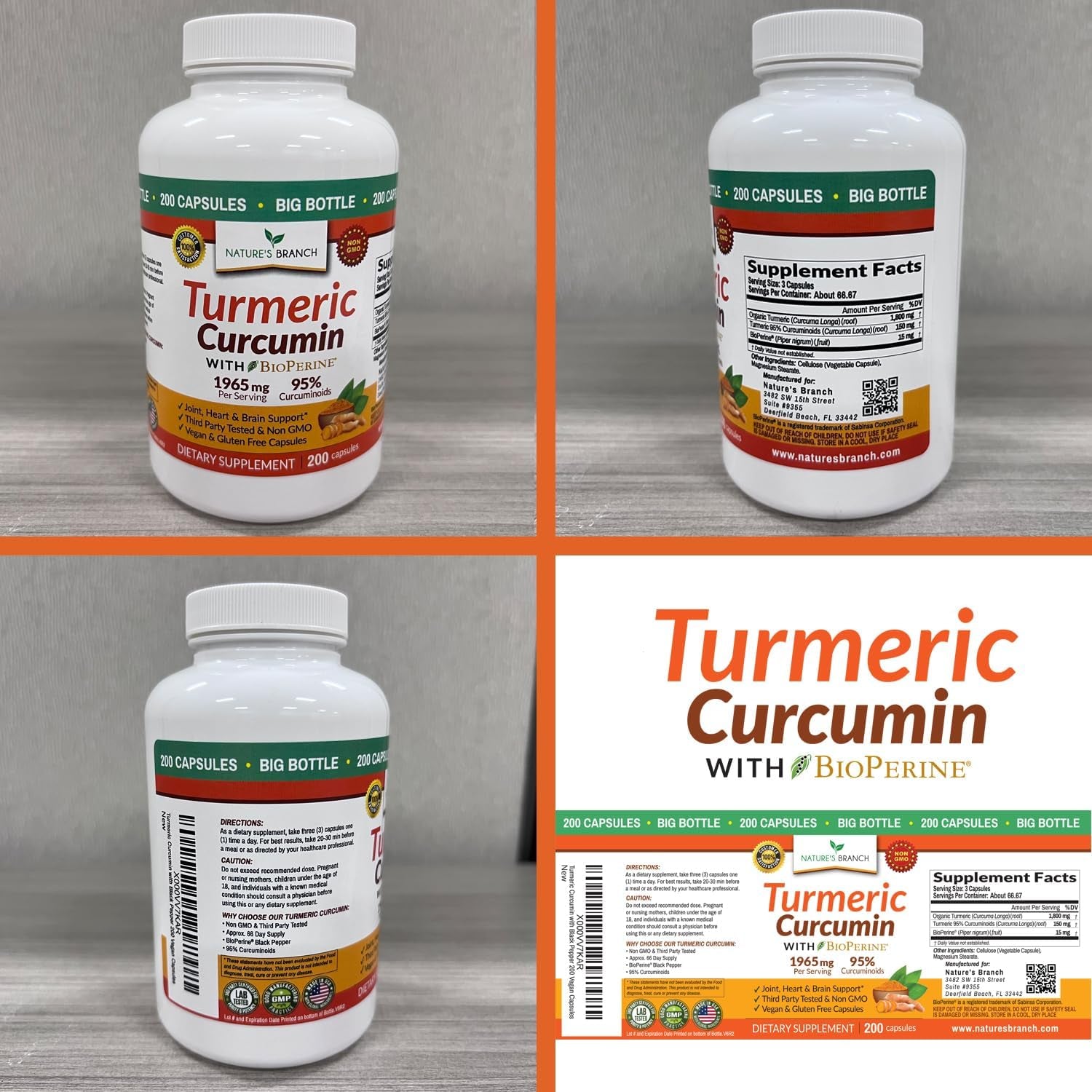 Turmeric Curcumin with Black Pepper Extract - Organic Powder - Joint Support Supplement, Made in USA - (200 Capsules/1965Mg )