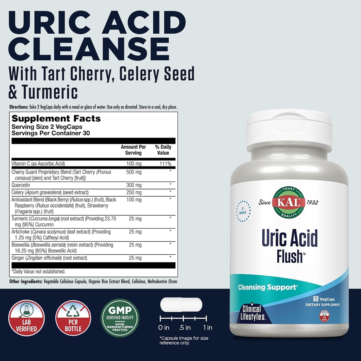KAL Uric Acid Flush, Joint Health Supplement with Tart Cherry Extract, Celery Seed and Turmeric Extract 30 Servings