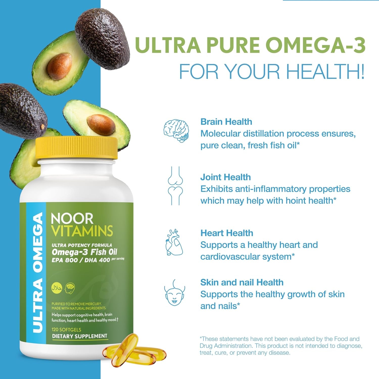Noor Vitamins Halal Fish Oil, Ultra Omega 3 Wild Peruvian Fish Oil (800 Mg EPA & 400 Mg DHA) (120 Count)