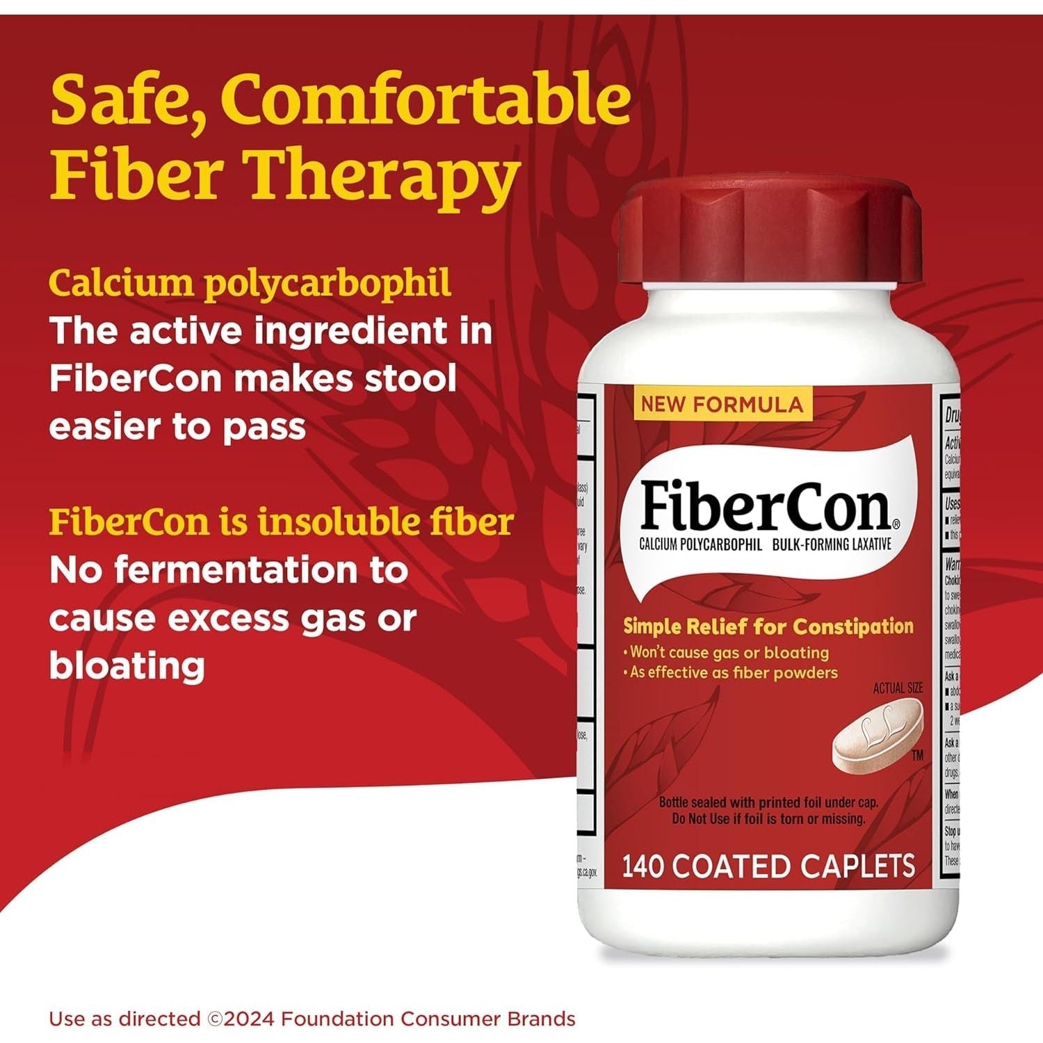 Fibercon Fiber Therapy Coated Caplets, Safe, Simple & Comfortable Insoluble Fiber for Bowel Irregularity 140 Caplets
