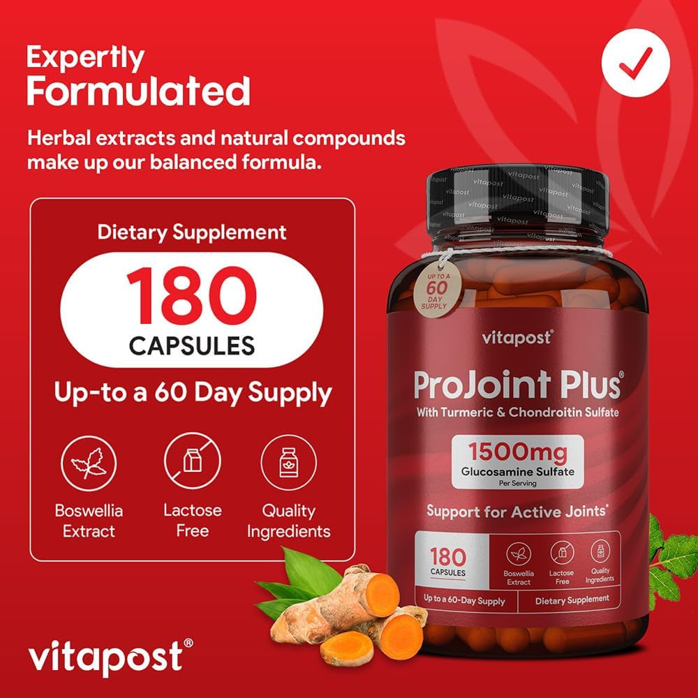Projoint plus Joint Support Supplement with Glucosamine Sulfate, Chondroitin, MSM, Turmeric, Boswellia & Bromelain - 180 Capsules