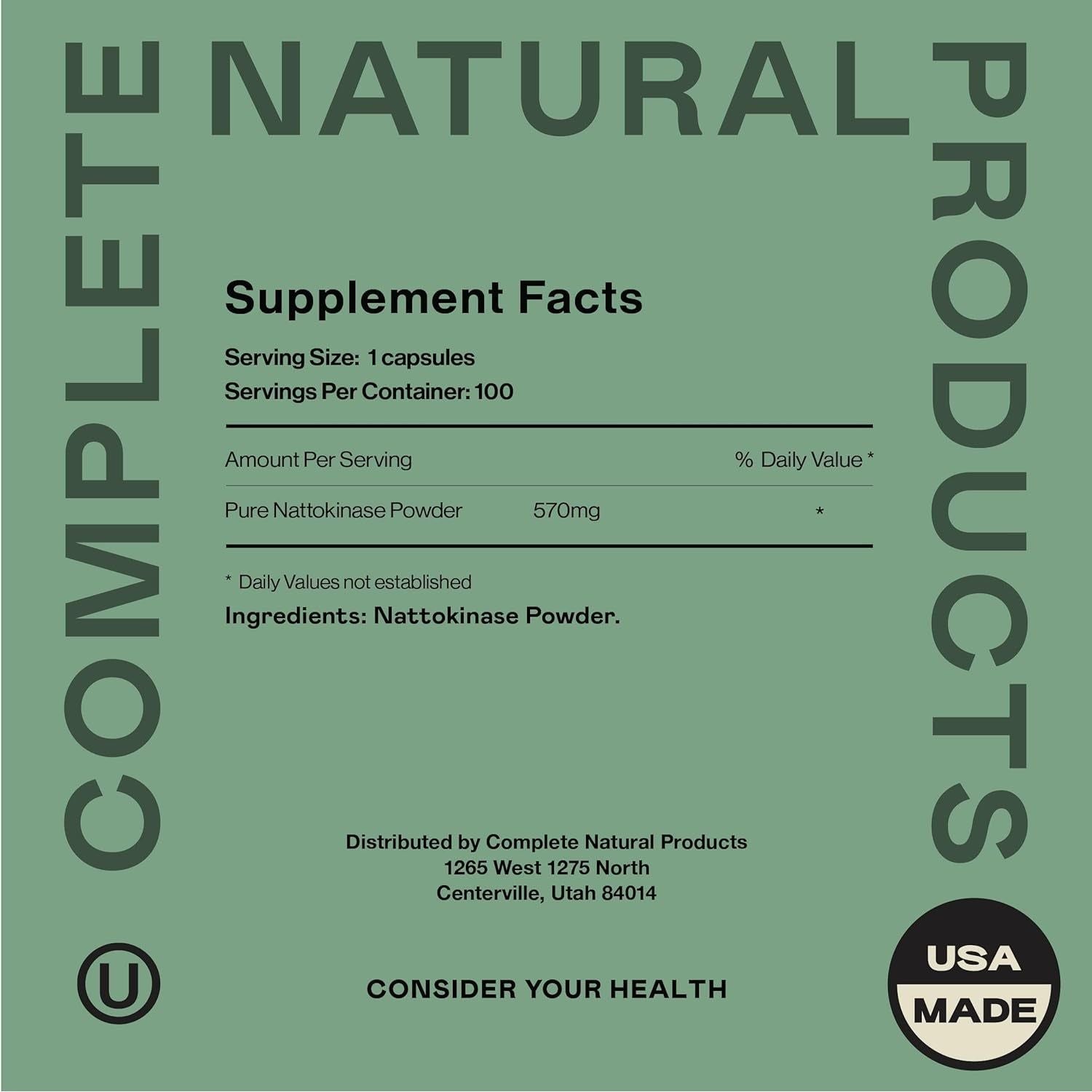 Complete Natural Products Nattokinase Capsules - 100 Count 570Mg 6000Fu'S