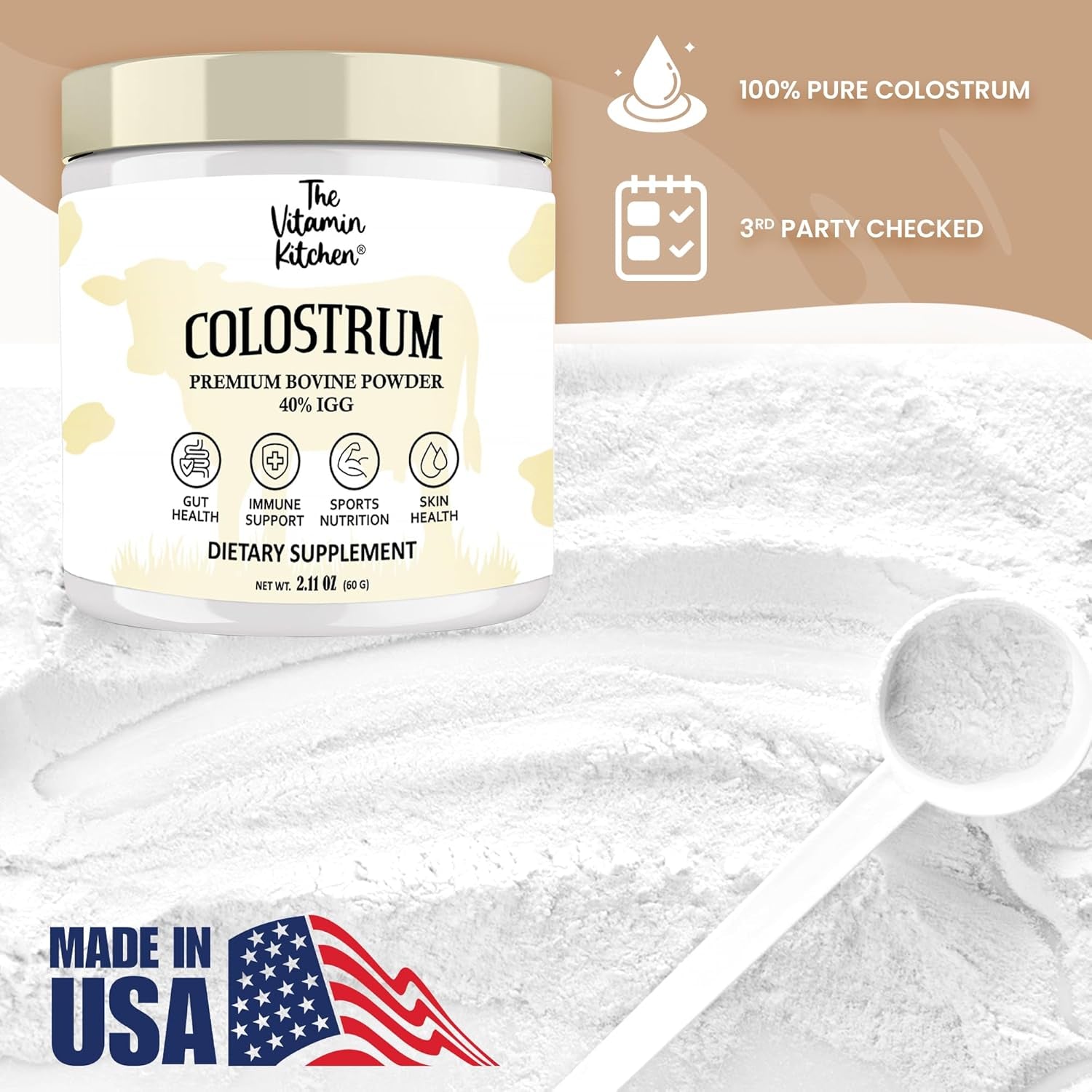 Bovine Colostrum Powder Supplement (40% Igg + No Fillers) for Gut & Digestive Health, Muscle Recovery & Growth (60 Servings)