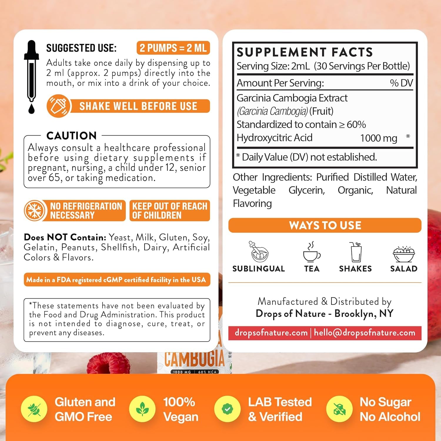 Garcinia Cambogia - Appetite Suppressant for Weight Loss - 2 Fl. Oz. Natural Raspberry Mango