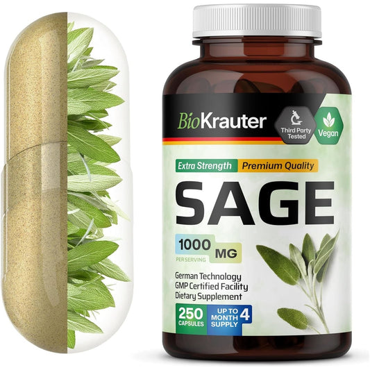BIO KRAUTER Sage Supplement Capsules 1000 Mg - Immune & Digestive Support (250 Vegan Caps)