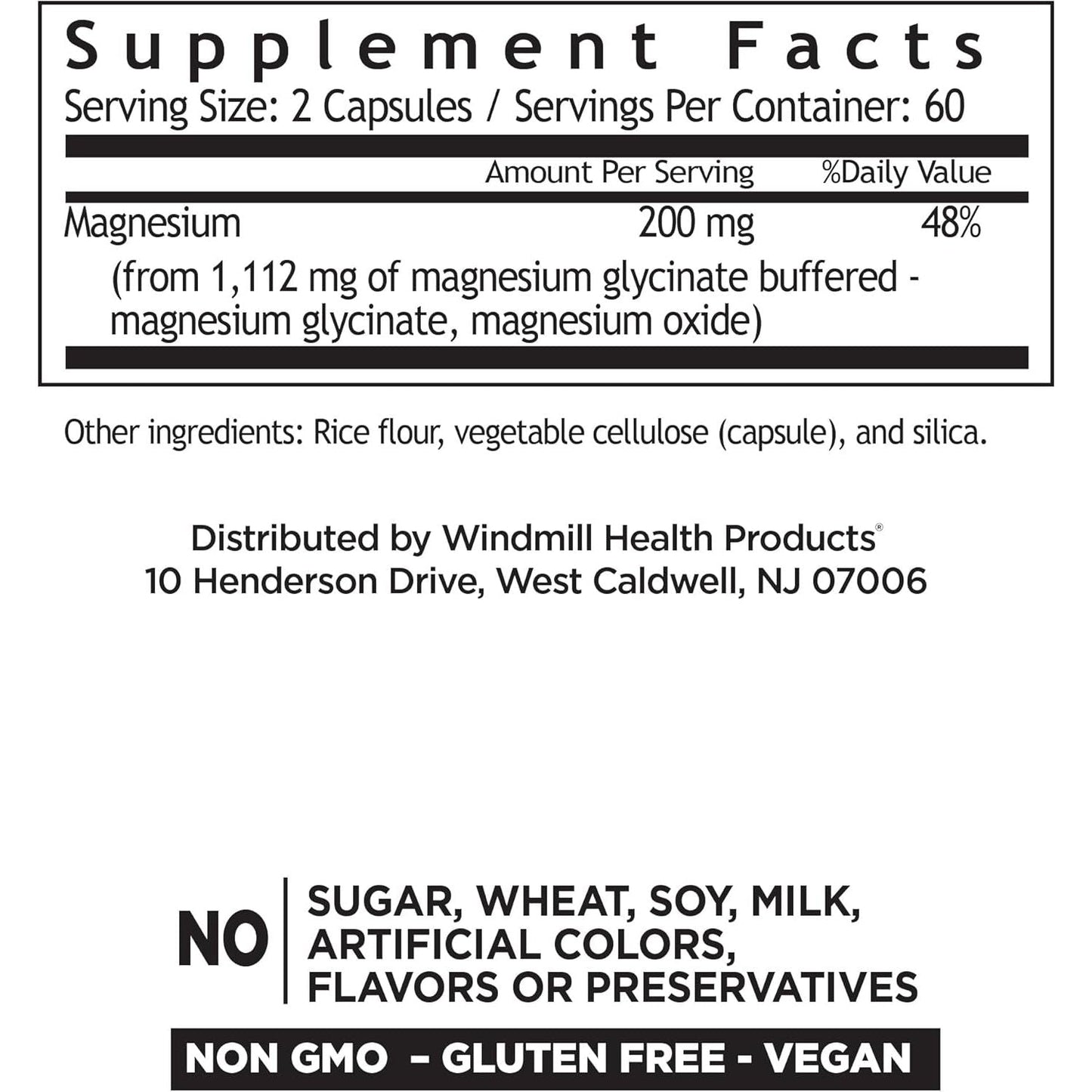 Windmill Natural Vitamins Magnesium Glycinate 200 Mg,120 Capsules