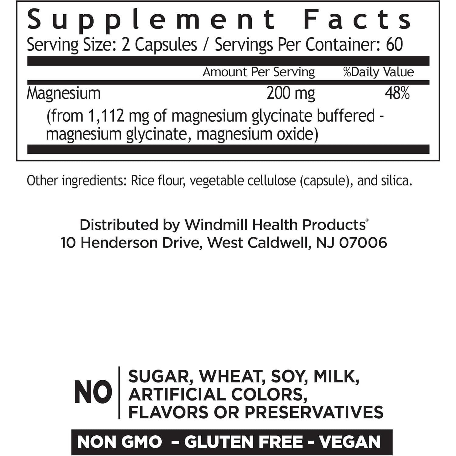 Windmill Natural Vitamins Magnesium Glycinate 200 Mg,120 Capsules