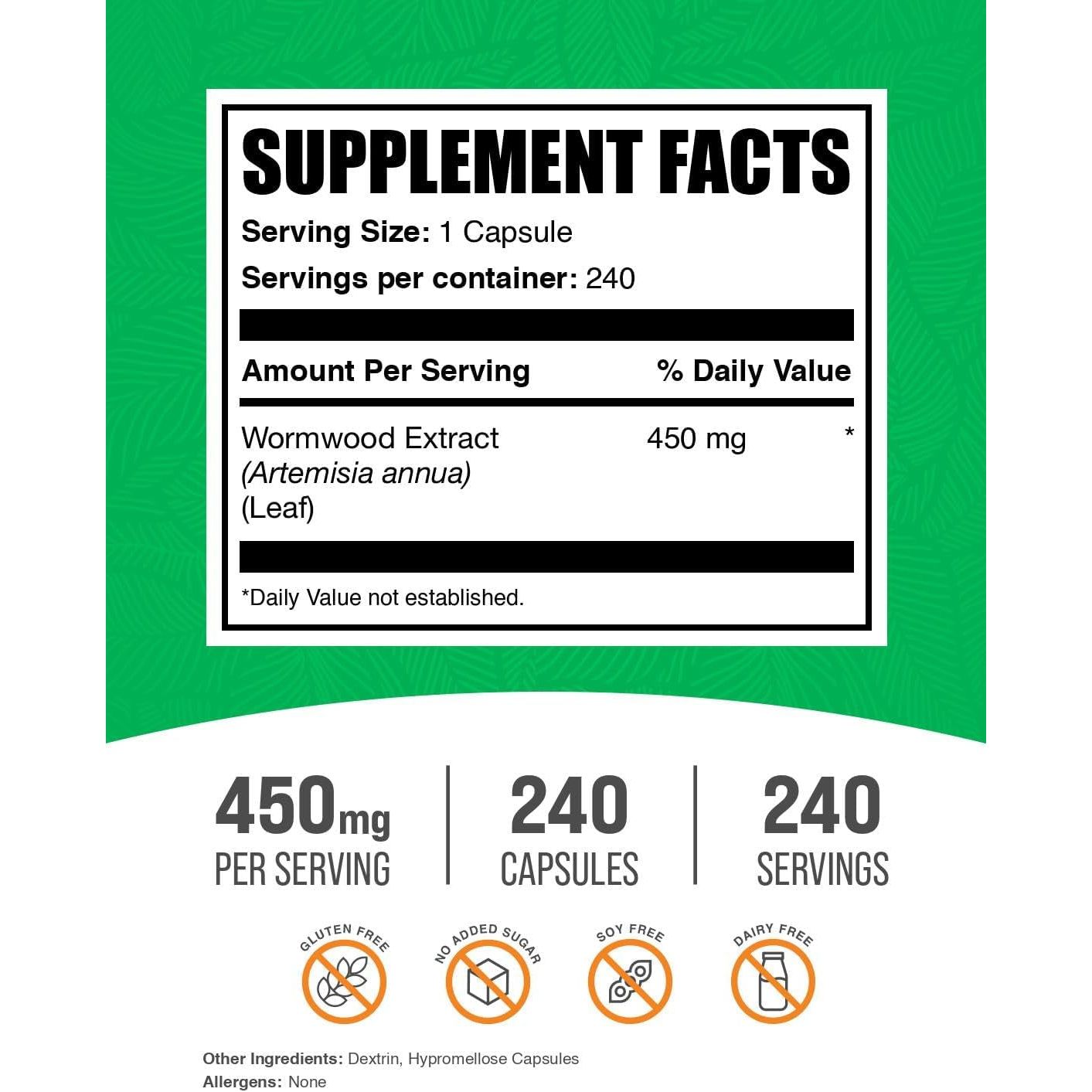 Bulksupplements.Com Wormwood Extract Capsules - Gluten Free, 240 Veg Capsules