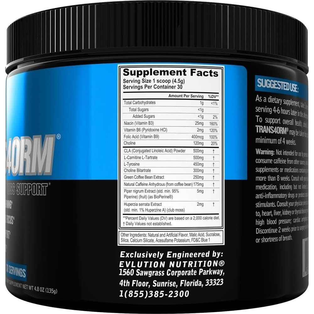 Evlution Thermogenic Fat Burning Support Powder Nutrition Trans4Orm - to Support Fast Metabolism Weight Loss - Blue Raz - Suppviv