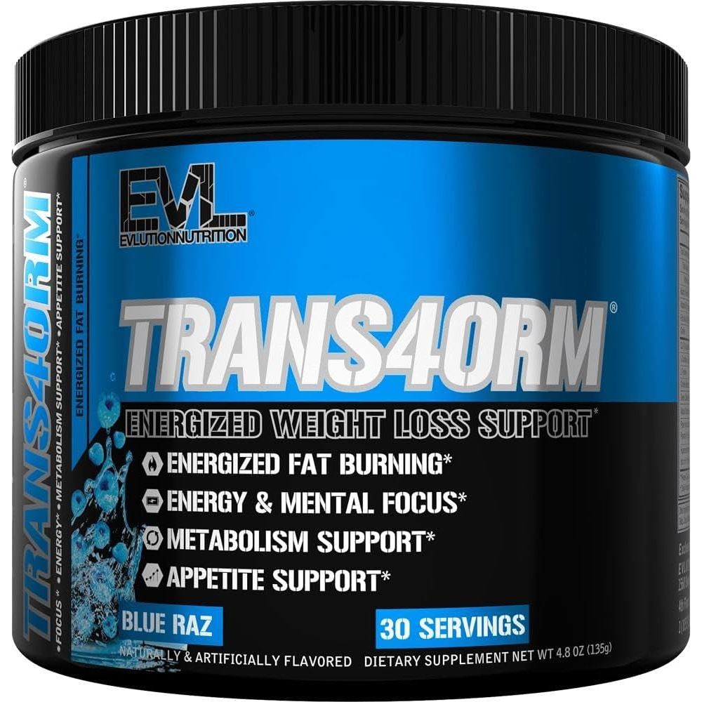 Evlution Thermogenic Fat Burning Support Powder Nutrition Trans4Orm - to Support Fast Metabolism Weight Loss - Blue Raz - Suppviv