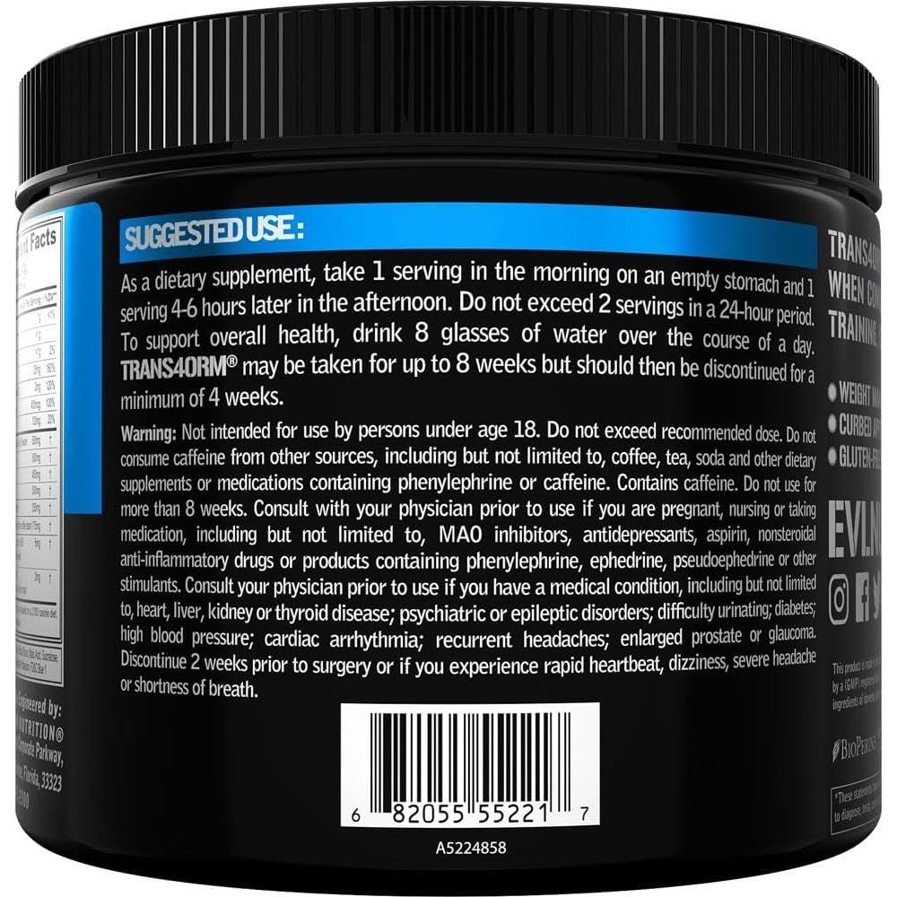 Evlution Thermogenic Fat Burning Support Powder Nutrition Trans4Orm - to Support Fast Metabolism Weight Loss - Blue Raz - Suppviv