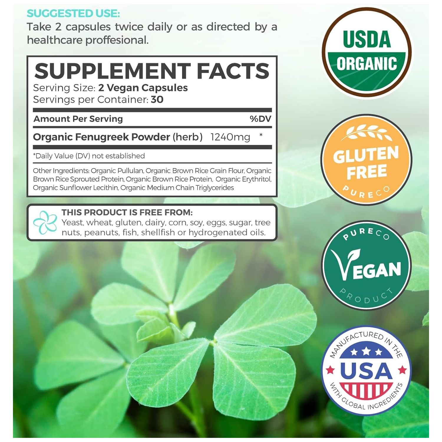 USDA Organic Fenugreek Capsules  for Increased Breast Milk Supply -  60 Capsules