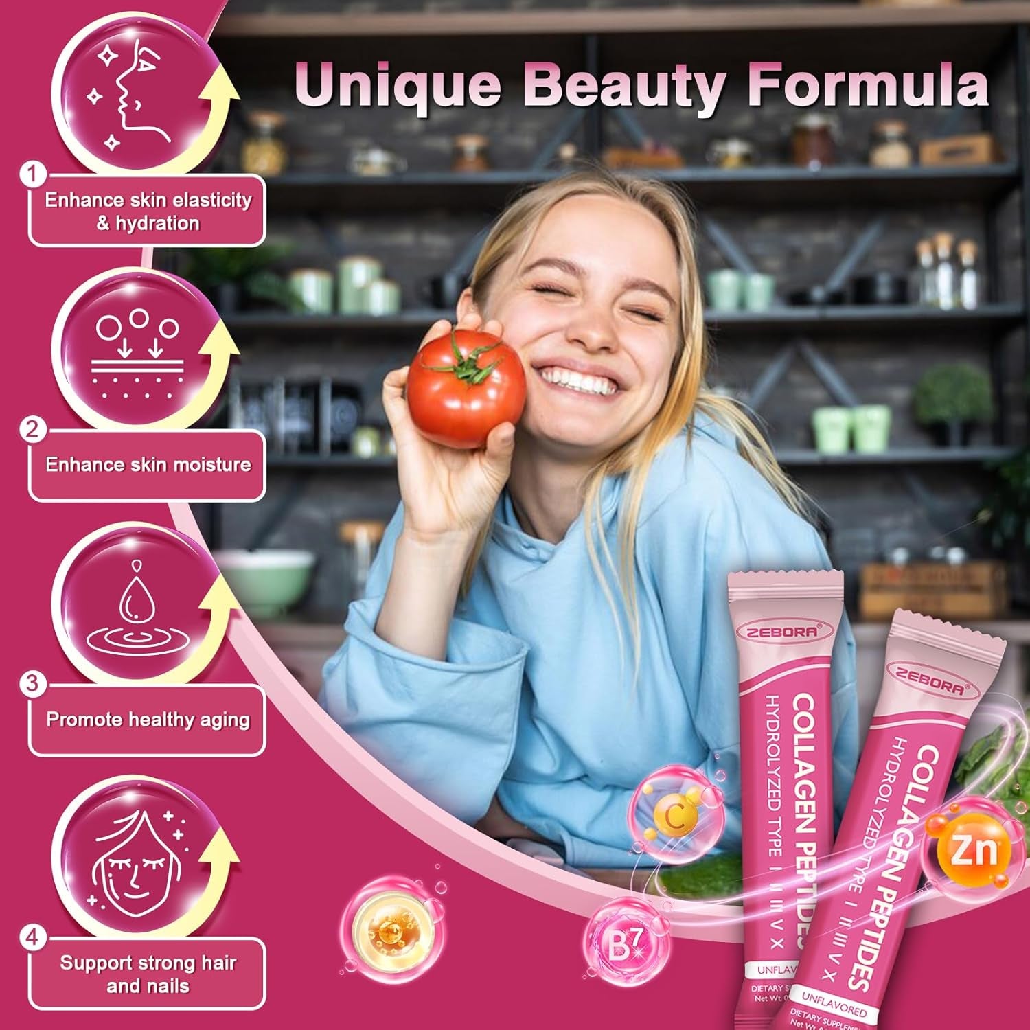 ZEBORA Collagen Peptides Powder Packets with Hyaluronic Acid, Biotin, MCT - Support Skin Hair Nail Joints & Gut Health - 30 Stick Packs