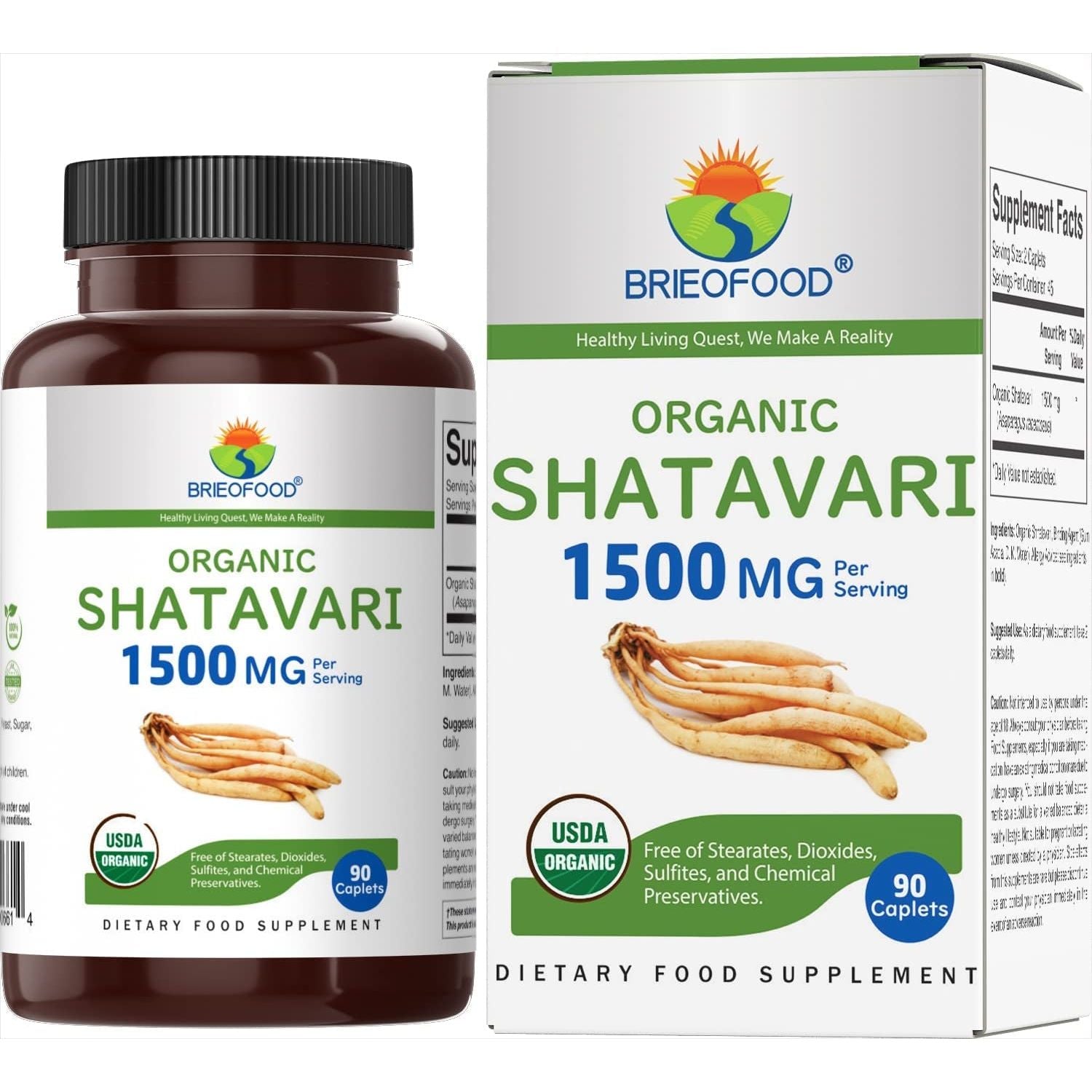 Brieofood Organic Shatavari 1500Mg, 45 Servings, Vegetarian, Gluten Free, 90 Vegetarian Tablets