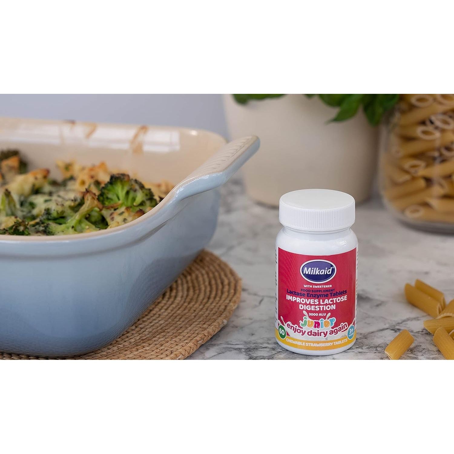 Milkaid Junior Lactase Enzyme Chewable Tablets for Lactose Intolerance | Prevents Gas, Bloating, Diarrhea in Children| Strawberry Flavor | 60 Ct