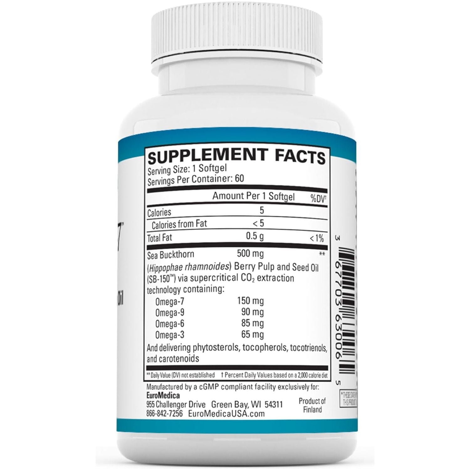 Euromedica Prohydra-7 - Skin Health Support Supplement with Omega-7 Sea Buckthorn Oil - 60 Softgels