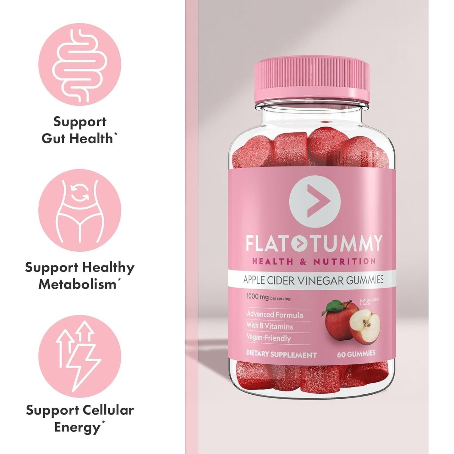 Flat Tummy Apple Cider Vinegar Gummies, 60 Count –  Detox, Support Gut Health