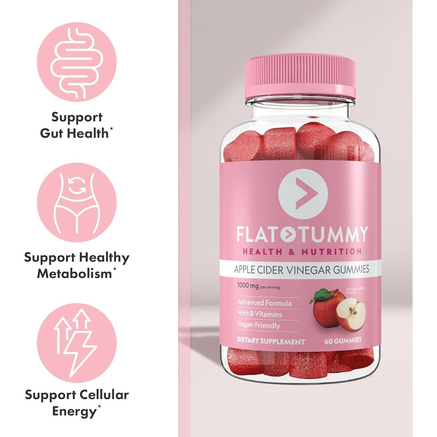 Flat Tummy Apple Cider Vinegar Gummies, 60 Count –  Detox, Support Gut Health