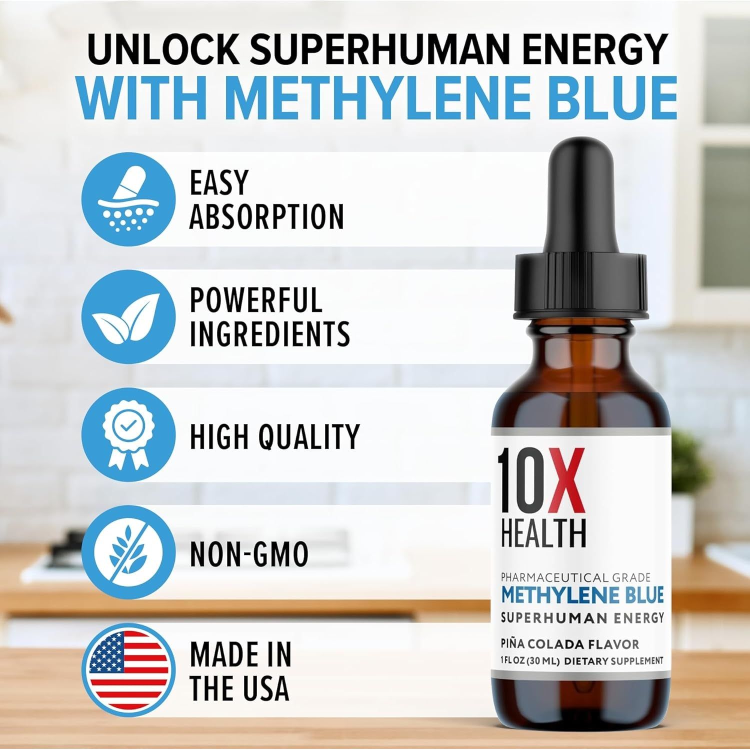 10X Health Superhuman Energy Methylene Blue Pharmaceutical Grade Liquid Drops with Black Pepper Extract (30 Ml)