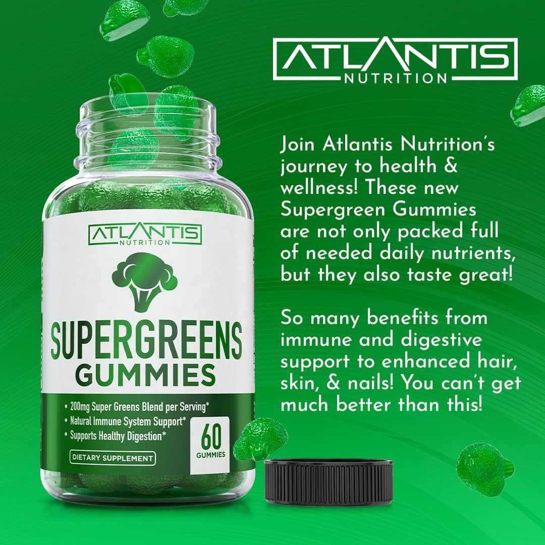 Atlantis Nutrition Supergreens Gummies - Daily Green Superfoods Supplement - Natural Raspberry Flavor, 60 Count