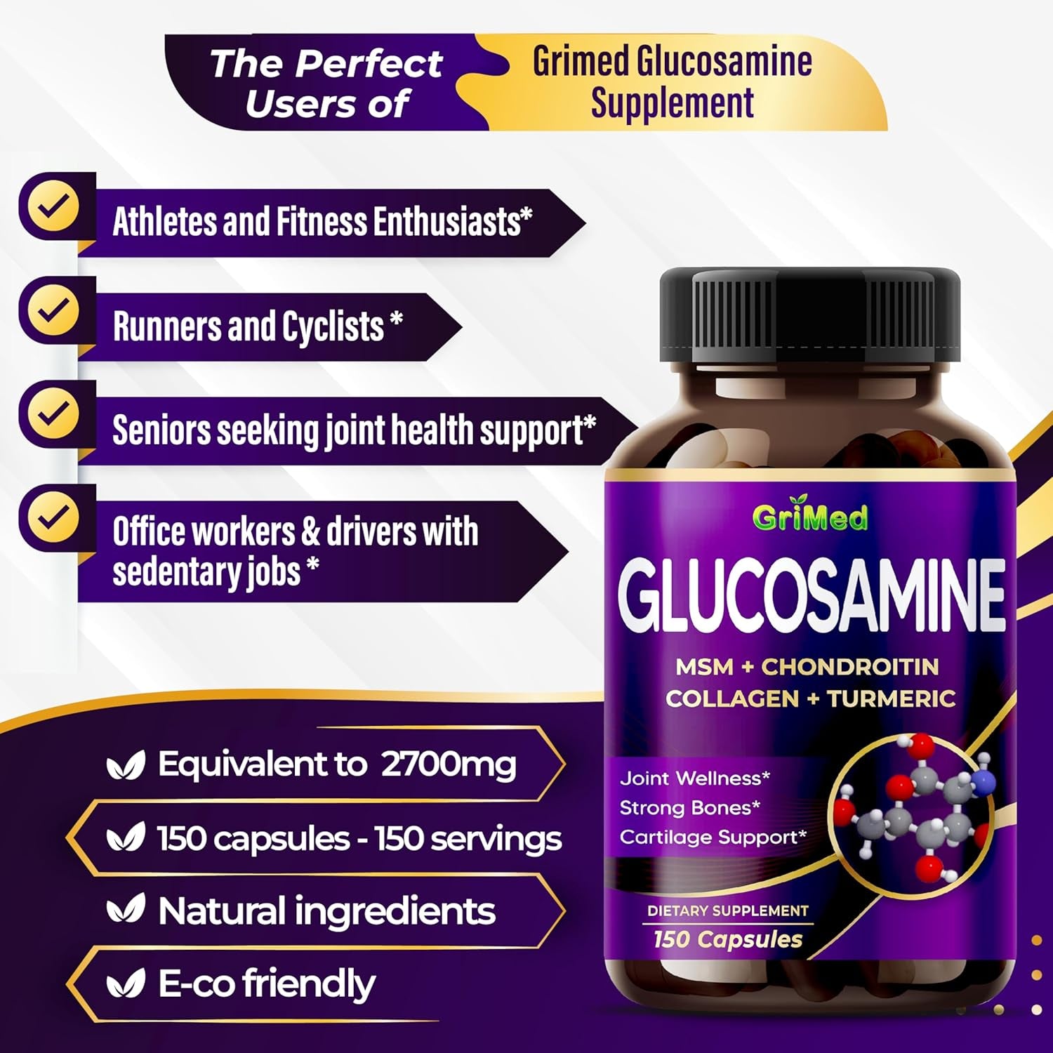 Grimed Glucosamine - X12 Power with MSM, Chondroitin, Collagen, Turmeric for Joint Wellness, Strong Bones, Cartilage Support 12,000Mg