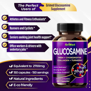 Grimed Glucosamine - X12 Power with MSM, Chondroitin, Collagen, Turmeric for Joint Wellness, Strong Bones, Cartilage Support 12,000Mg