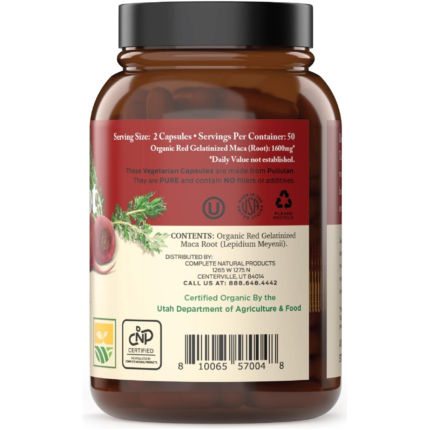 Complete Natural Products Pure Maca Root Powder Capsules - 100 Capsules