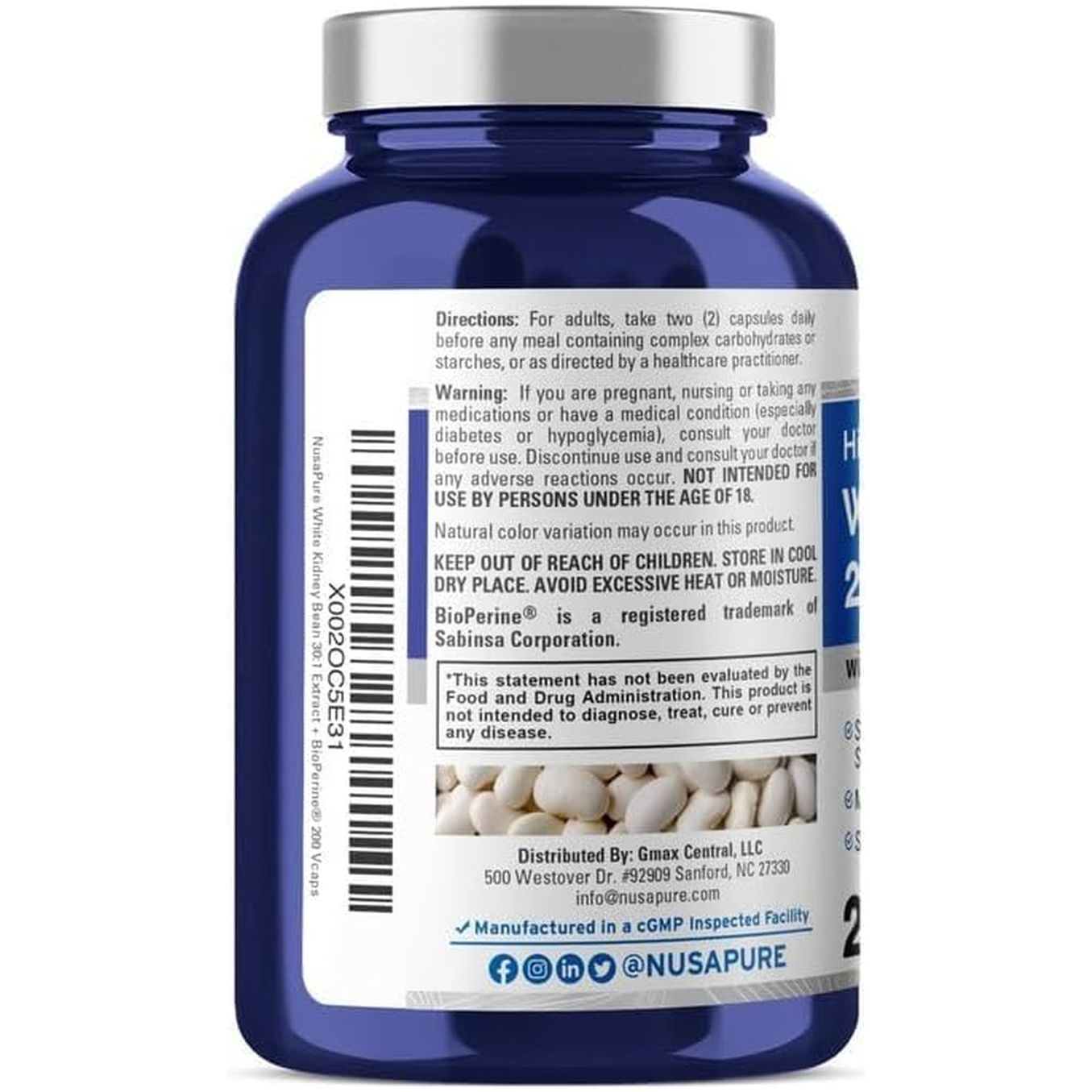 Nusapure White Kidney Beans 24,000Mg per Serving - Bioperine - Extract 30:1 (Vegan, Non-Gmo)