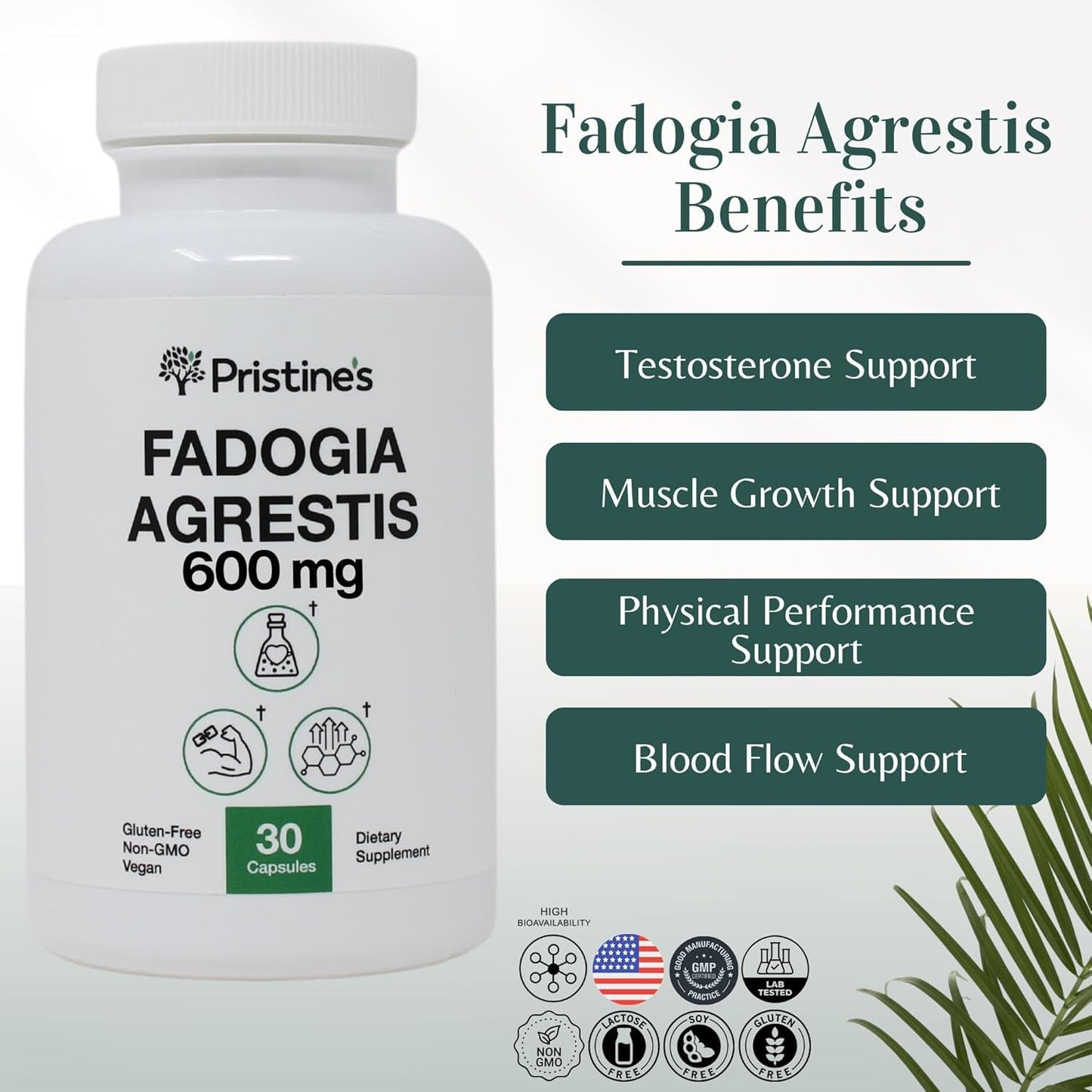 PRISTINE'S Fadogia Agrestis 600MG - Sports Nutrition Testosterone Booster Support Capsules 30-Day Supply