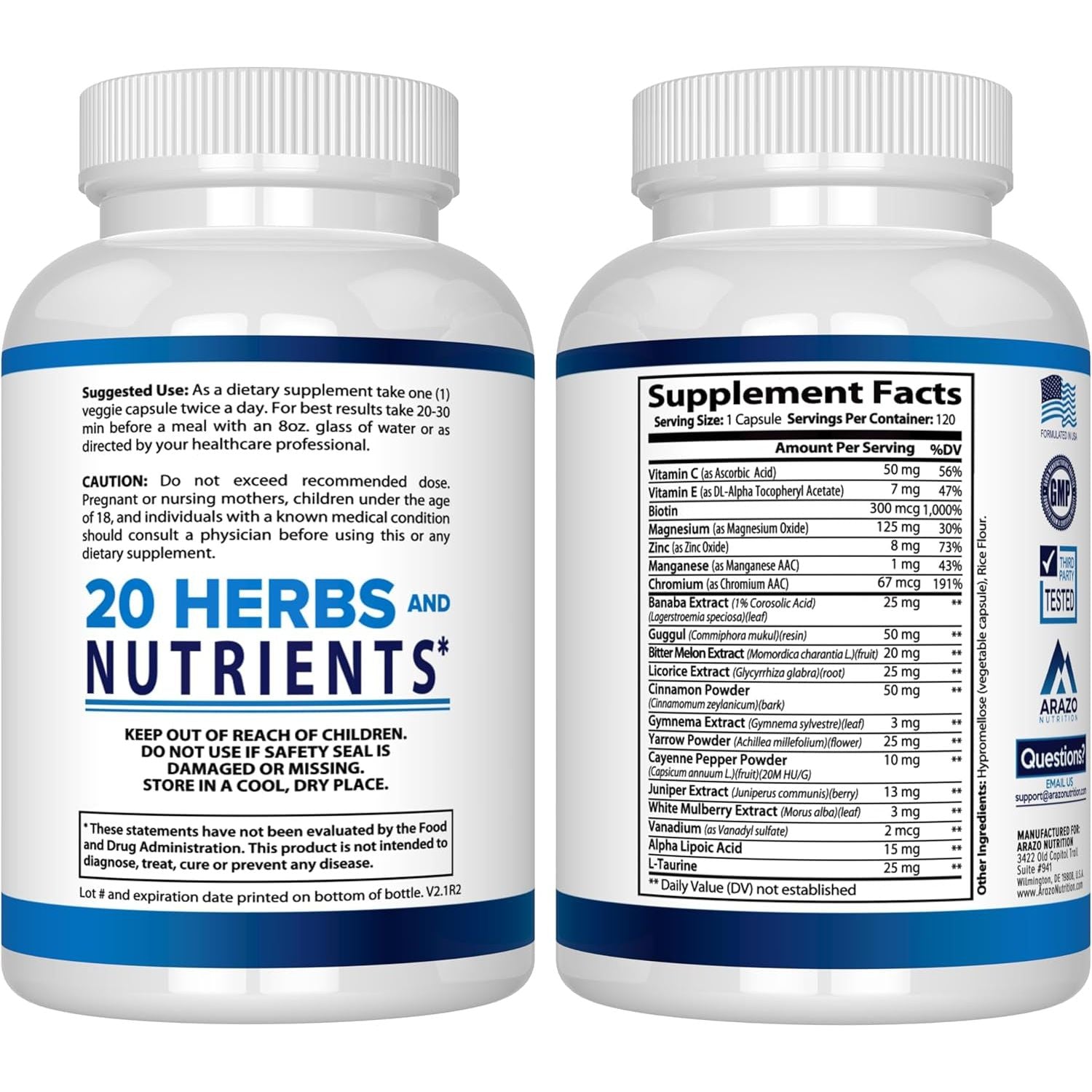 Arazo Nutrition Blood Sugar 365 Supplement – Supports Healthy Energy Levels - 120 Herbal Pills - 60 Day Supply