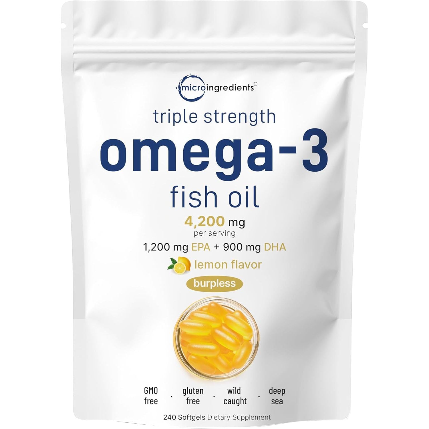 Micro Ingredients Triple Strength Omega 3 Fish Oil Supplements 4200Mg, 240 Softgels – Lemon Flavored