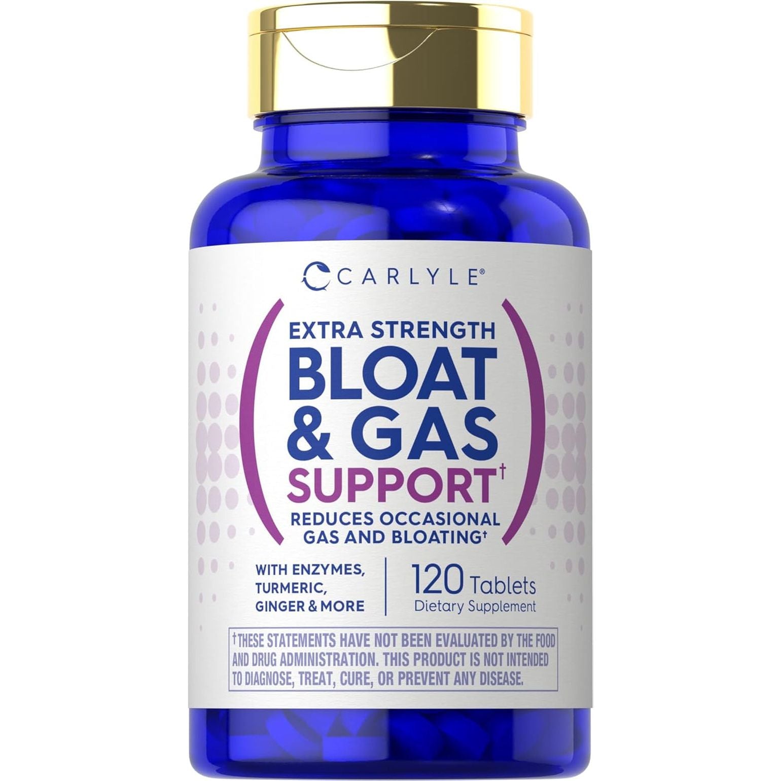 Carlyle Bloat & Gas Support | Supplement with Enzymes, Turmeric, Ginger & More 120 Tablets