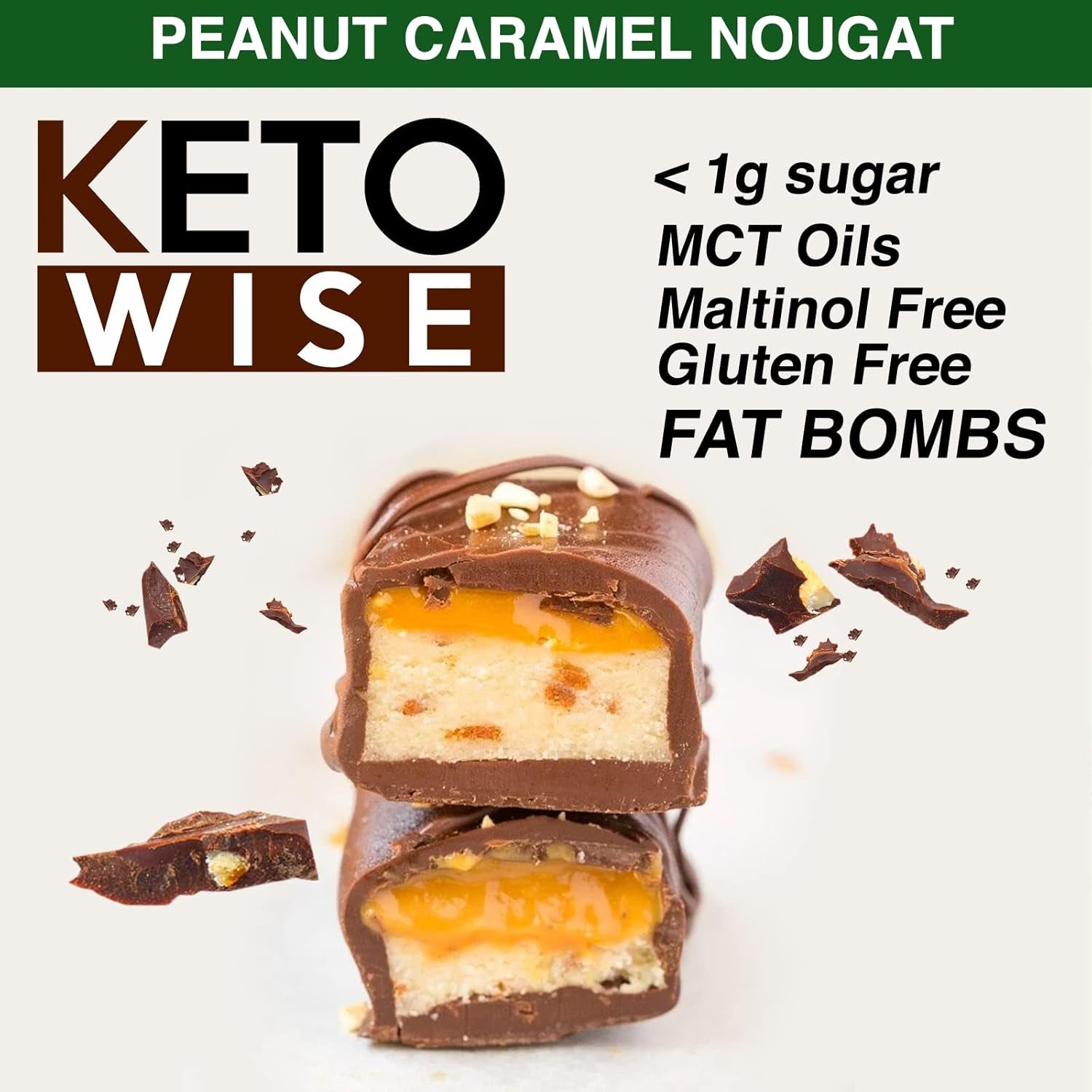 Keto Wise Fat Bombs - Made with Chocolate Containing MCT Oil - 7G Fat, 2G Net Carbs | Peanut Caramel Nougat, Pack of 16