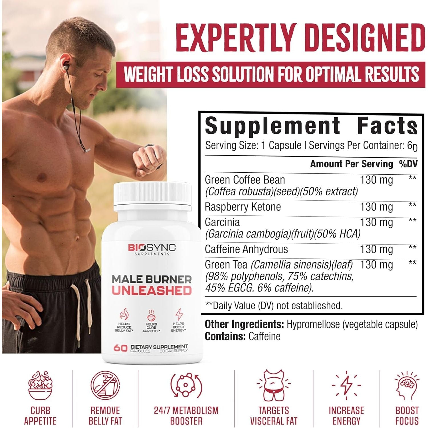 Biosync - Male Burner UNLEASHED | Fat Burner for Men Weight Loss Pills 60 Capsules