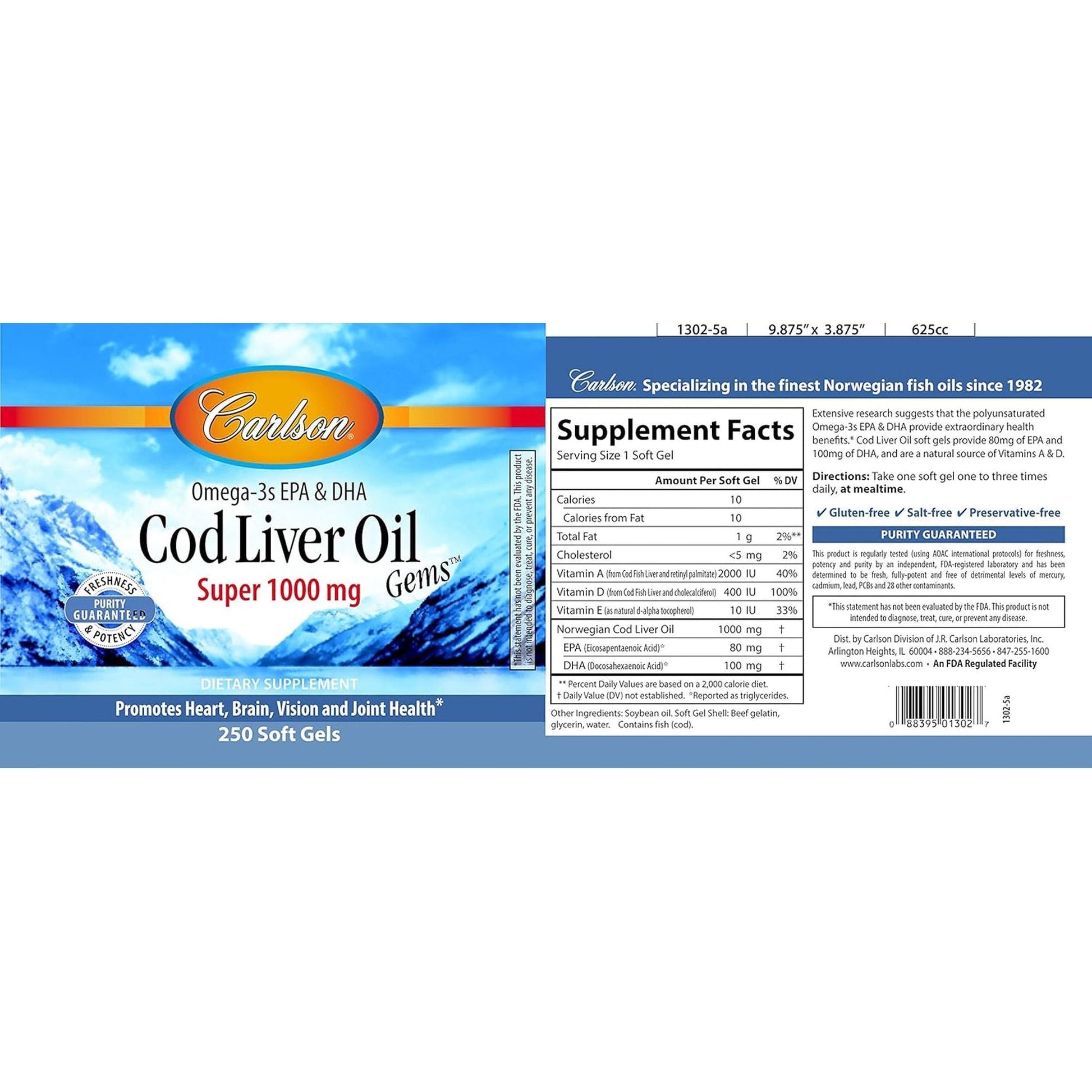 Carlson - Cod Liver Oil Gems, Super 1000 Mg, 250 Mg Omega-3S, 400 IU (10 Mcg) Vitamin D3 - 250 Softgels