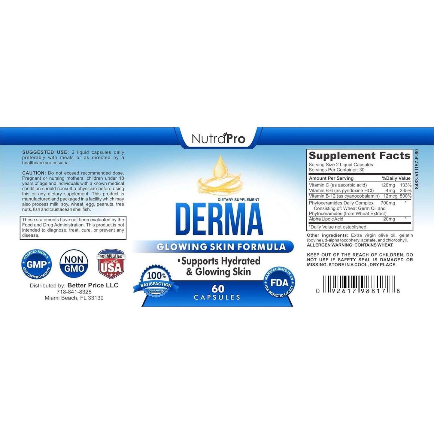 Dermal Repair Complex for Hydrated, Glowing Skin –Anti Aging Supplement 60 Liquid Capsules