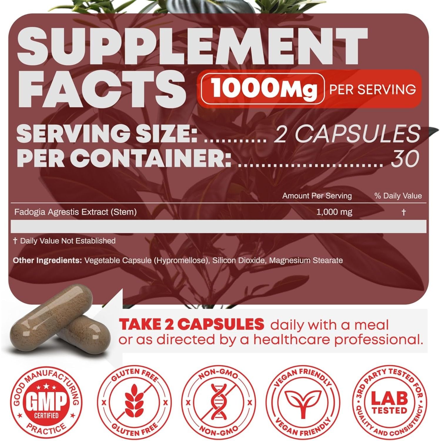 Fadogia Agrestis 1000Mg per Serving Supplement to Increase Energy, Athletic Performance & Muscle Mass (60 Capsules)
