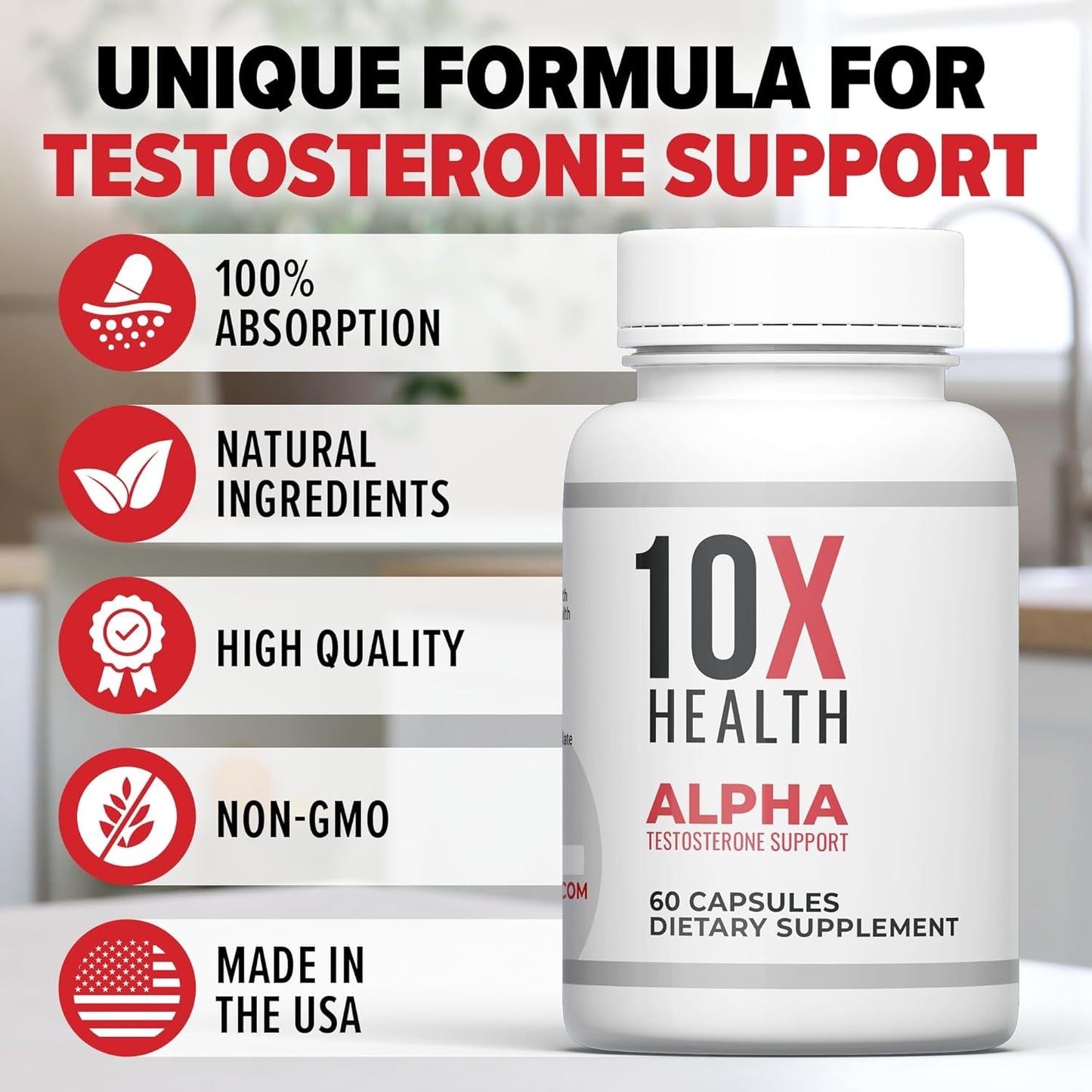 10X Health Alpha Testosterone Support - Muscle Support for Men with Tongkat Ali 1000Mg (60 Capsules, 2X Daily)