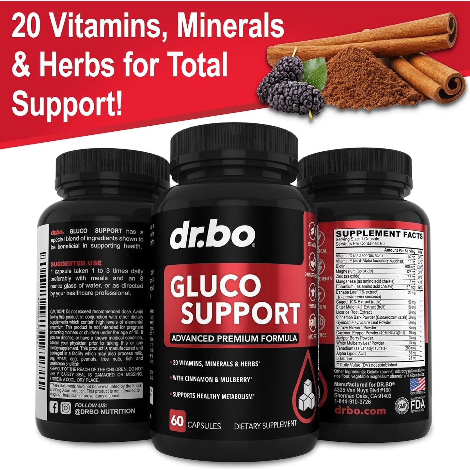Gluco Support Supplement Capsules - Boost Metabolism Supplement, Vitamin Herbal Formula Pill - 60 Pills