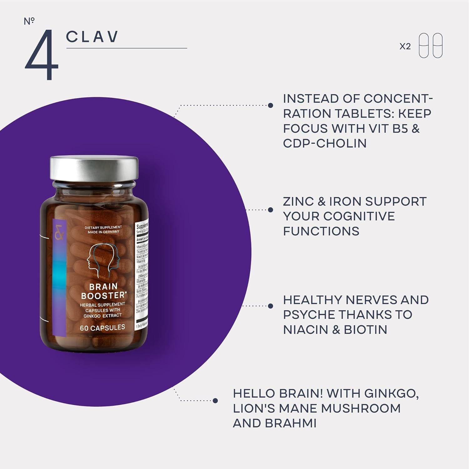 CLAV N°4 Brain Booster - Nootropics Brain Support Supplement for Memory & Focus - 60 Capsules