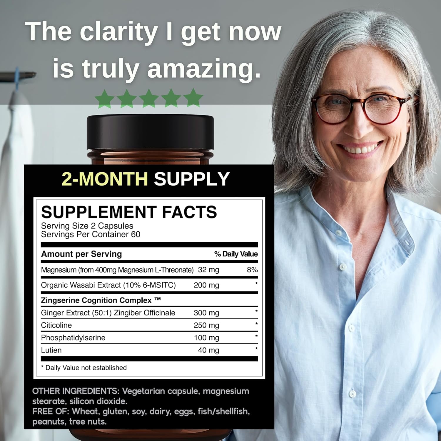 Organic Wasabi Extract + Zingserine Cognition  the Most Targeted Memory Supplement (2 Month Supply)