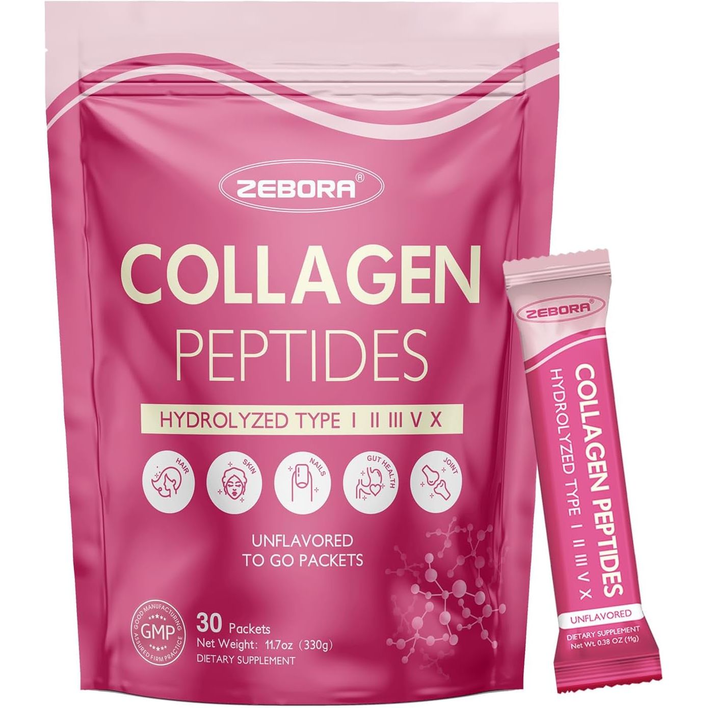 ZEBORA Collagen Peptides Powder Packets with Hyaluronic Acid, Biotin, MCT - Support Skin Hair Nail Joints & Gut Health - 30 Stick Packs