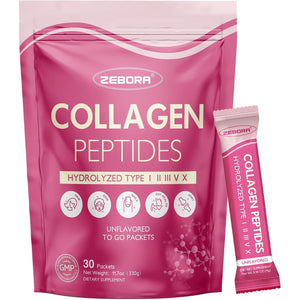 ZEBORA Collagen Peptides Powder Packets with Hyaluronic Acid, Biotin, MCT - Support Skin Hair Nail Joints & Gut Health - 30 Stick Packs