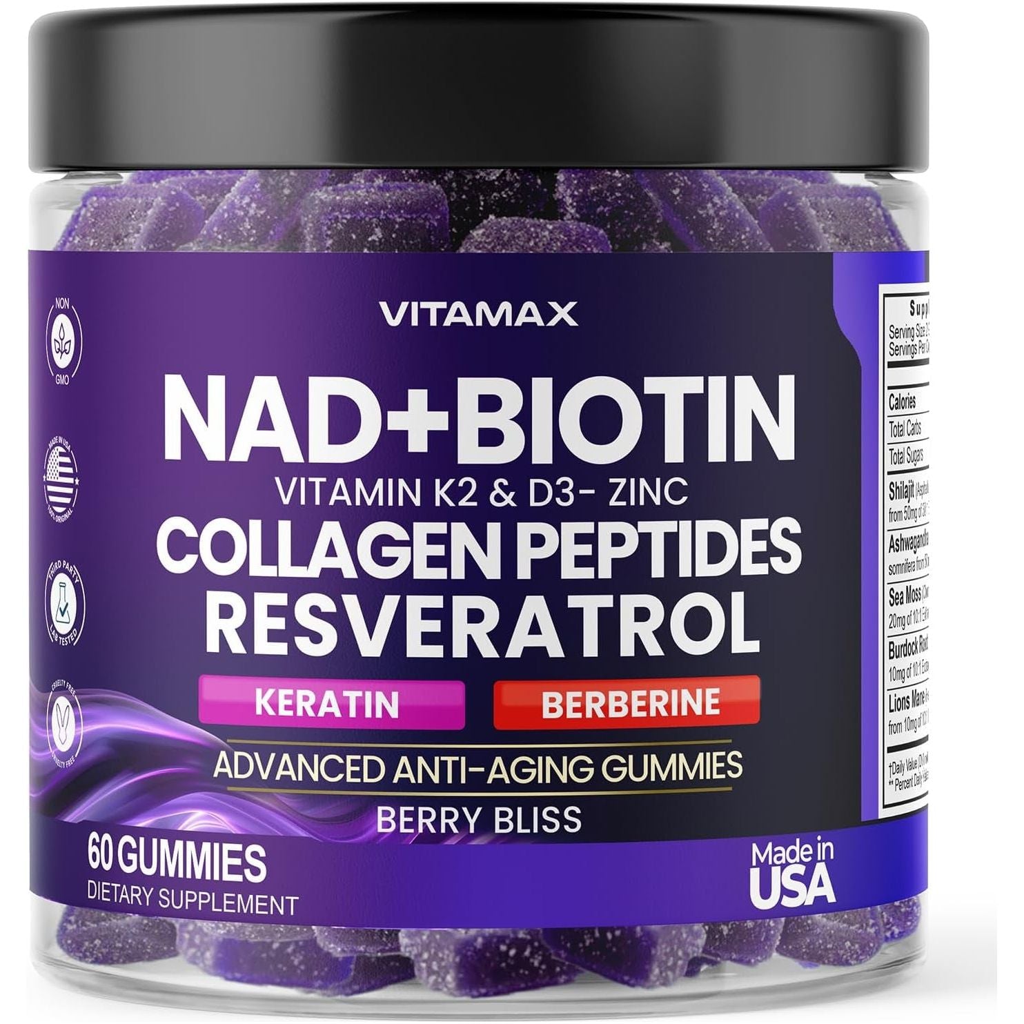 NAD+, Resveratrol, Berberine, & Biotin Anti-Aging Gummy - Hair, Skin, Nails & Joint Supplement - Made in USA 60 Count