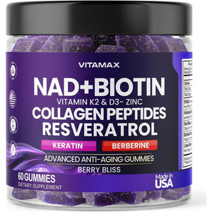 NAD+, Resveratrol, Berberine, & Biotin Anti-Aging Gummy - Hair, Skin, Nails & Joint Supplement - Made in USA 60 Count