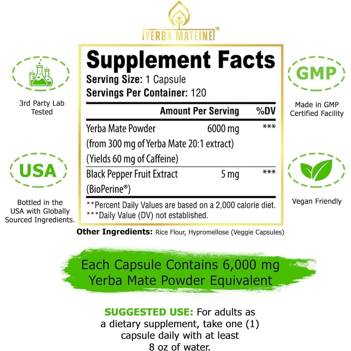 6000Mg Extra Strength Yerba Mate, 60Mg Caffeine per Capsule, for Clean Natural Energy, Improved Focus, Concentration - 120 Caps