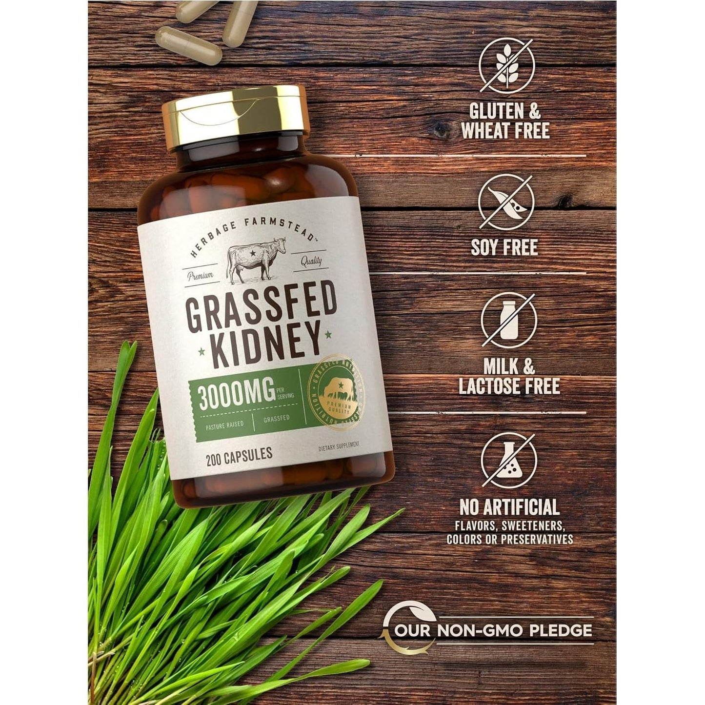 Carlyle Grass Fed Beef Kidney Supplement | 200 Capsules | 3000Mg | Hormone and Pesticide Free by Herbage Farmstead